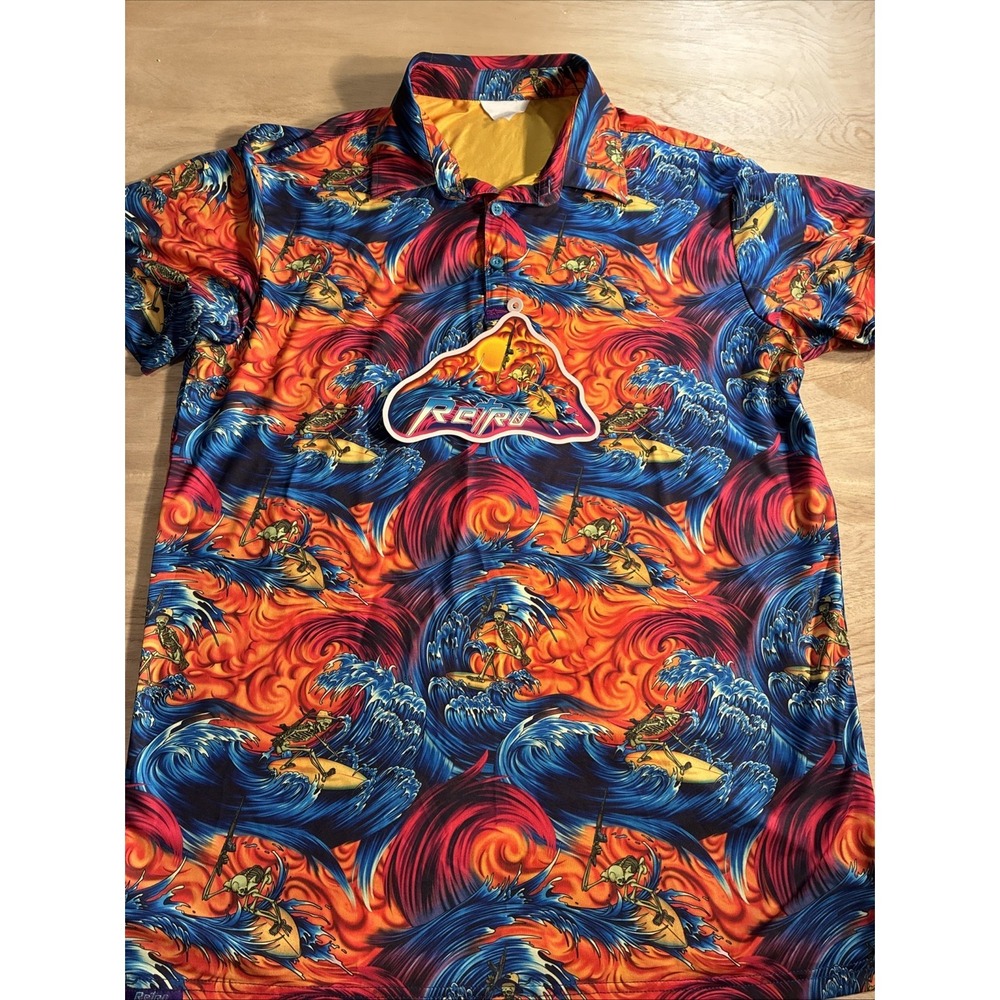 Retro Rifle Surfs Up Shirt Mens Size Large Multicolor Wave Performance Golf Polo